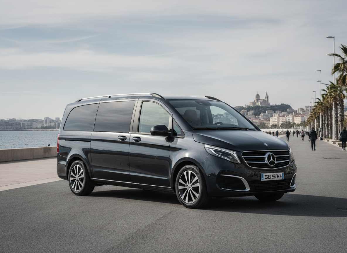Van noir de VTC sur le front de mer de Marseille, Notre-Dame-de-la-Garde en arrière-plan